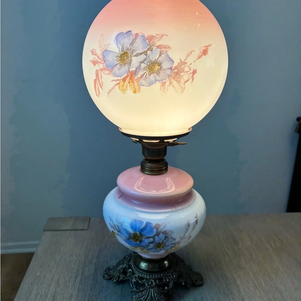 Floral Glass Table Lamp with Pink and Blue Accents - Picture 2 of 15